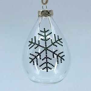 Teardrop glass Christmas ornament. Handmade green rhinestone snowflake design.